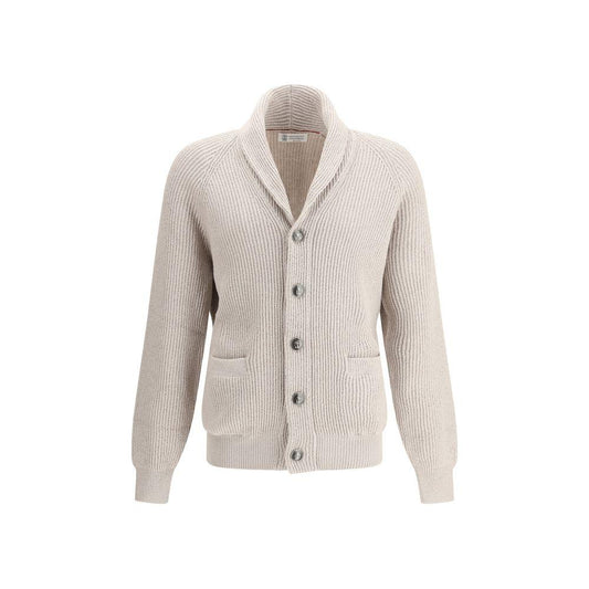Brunello Cucinelli ribbed cotton cardigan with shawl lapel, front button closure, welt pockets, and ribbed cuffs, in neutral color.