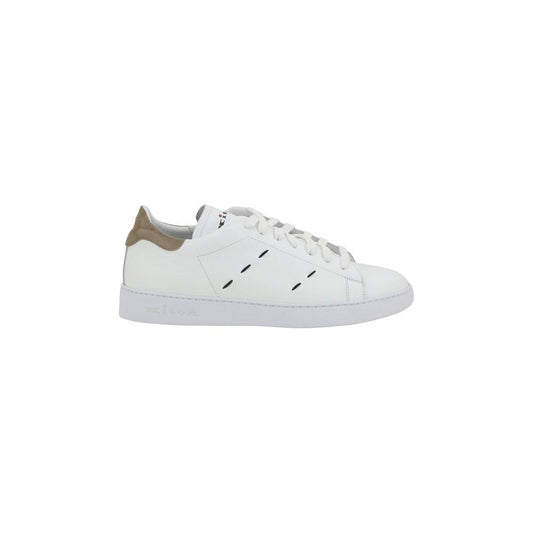 Kiton leather sneakers with round toe, lace-up front, suede heel, logoed tongue, side stitching, flat sole, and branded insole.