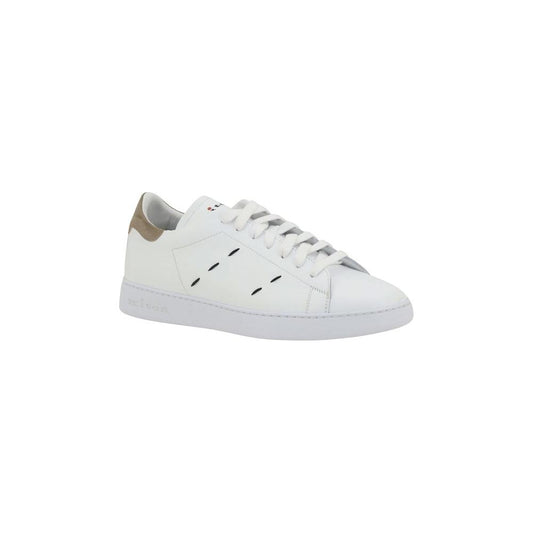 Kiton leather sneakers with lace-up front, round toe, suede heel, logoed tongue, side stitching, flat sole, and branded insole.