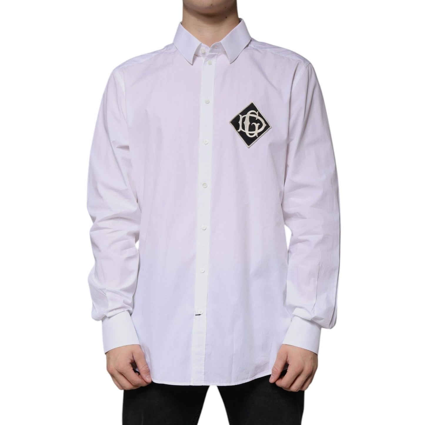 Dolce & Gabbana White Logo Cotton Slim Fit GOLD Dress Shirt