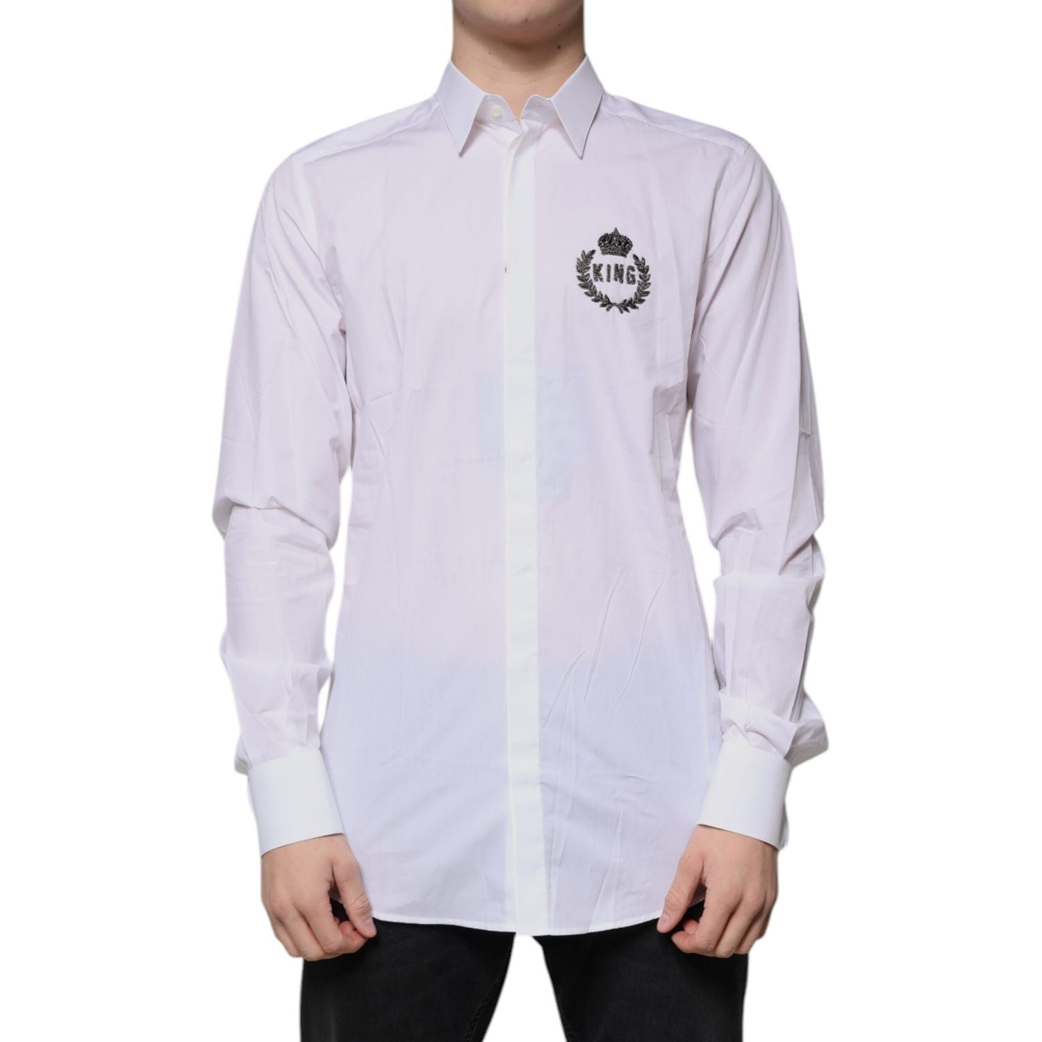 Dolce & Gabbana White Cotton Logo Formal Men GOLD Dress Shirt