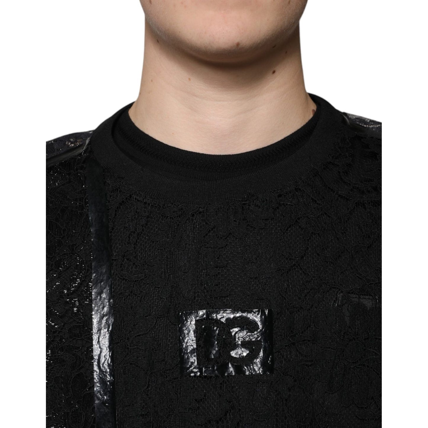 Dolce & Gabbana Black Nylon Floral Lace Crew Neck T-shirt