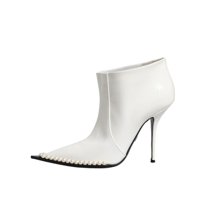 Dolce & Gabbana White Faux Pearl Leather Pointed Toe Ankle Boot Shoes
