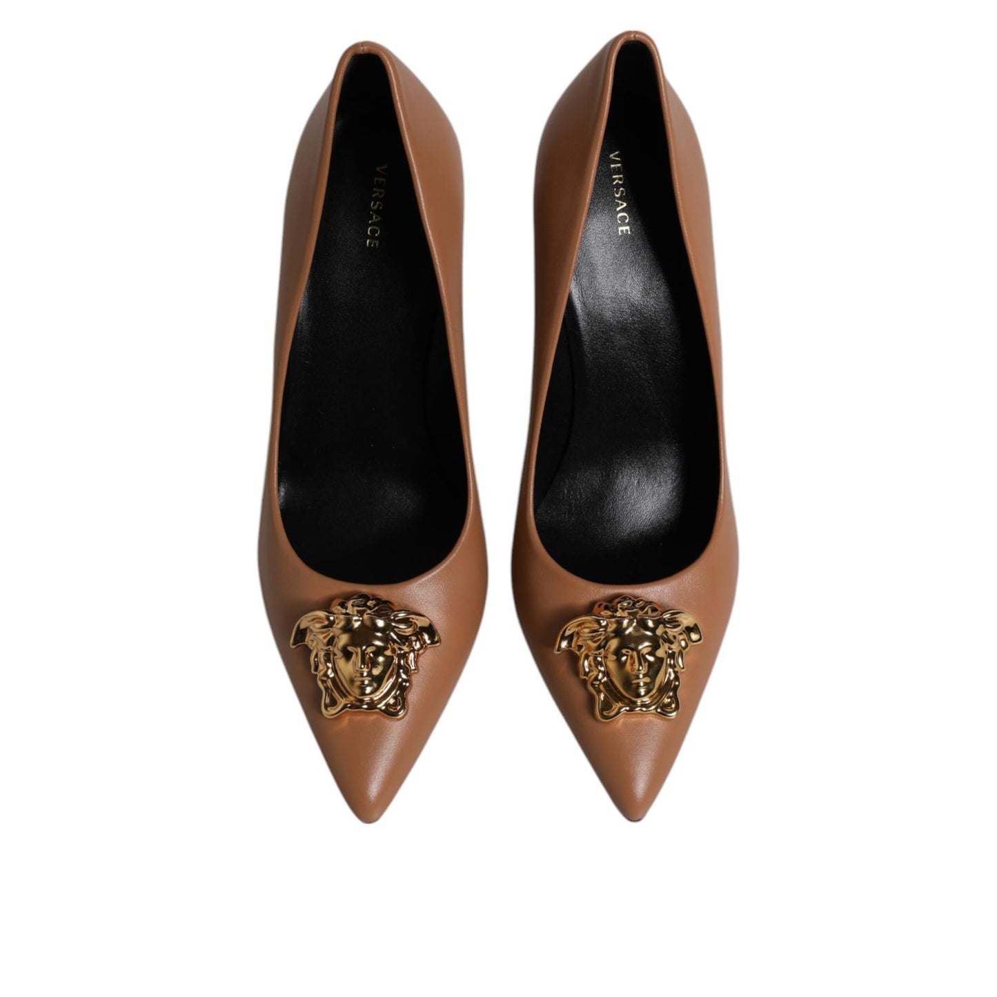 Versace Brown Leather Logo Plaque High Heels Pumps Shoes