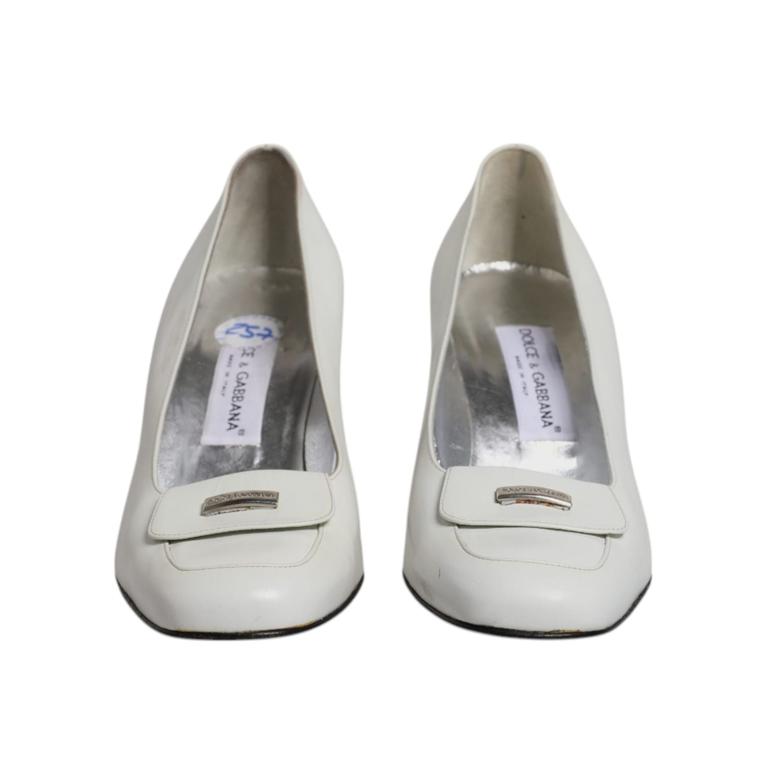 Dolce & Gabbana White Leather Block Heels Pumps Shoes