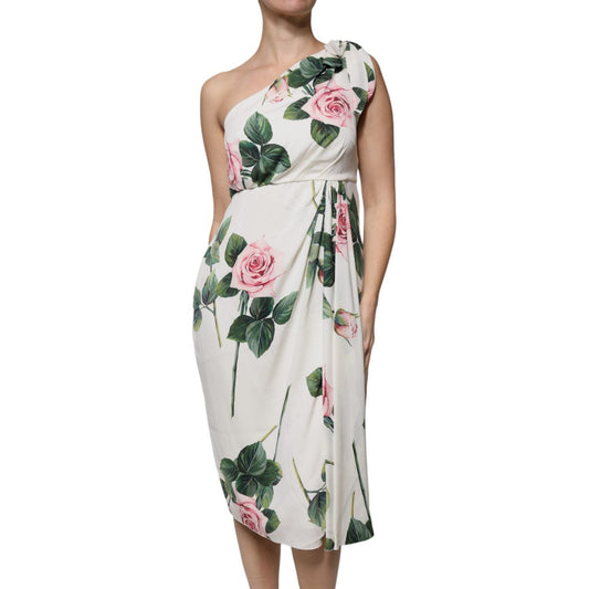 Dolce & Gabbana White Floral Silk One Shoulder Midi Dress DR81492-48