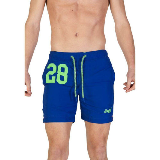 Men's Superdry blue polyester swim shorts with number 28 design, from the Fall/Winter collection.