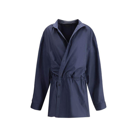 Balenciaga Chemisier Mini Dress with classic collar and asymmetrical button closure in dark blue