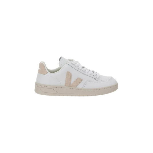 Veja V-12 sneakers with lace-up front, round toe, and iconic side logo in white and beige.