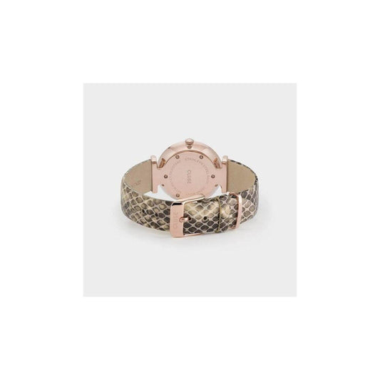 Back view of Cluse beige leather watch with pink stainless steel case and beige strap.