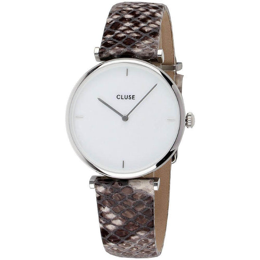 Cluse beige leather watch with silver stainless steel case, white dial, and mineral glass. Features quartz mechanism and buckle closure.