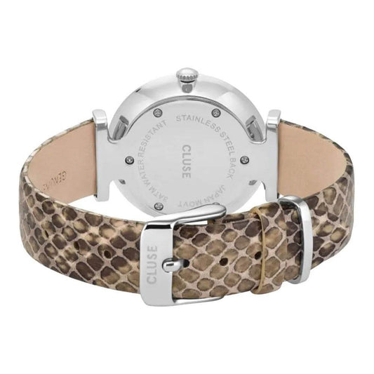 Cluse watch with stainless steel case and snakeskin-patterned leather strap, featuring a buckle closure and branding engraving.