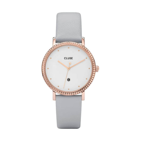 Cluse gray leather watch with white dial, pink stainless steel case, quartz mechanism, and mineral glass, water-resistant to 3 ATM.