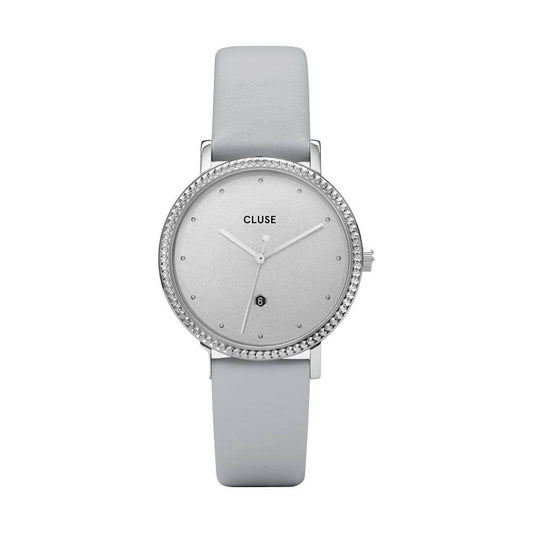 Cluse gray leather watch with quartz mechanism, analog display, silver stainless steel case, and 33mm mineral glass dial.