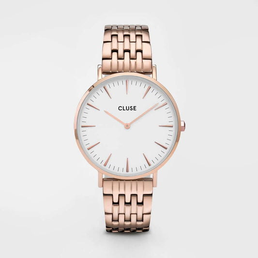 Cluse Quartz Analog Watch with Pink Stainless Steel Bracelet, White Dial, and Mineral Glass, 38mm, 3 ATM Water Resistance