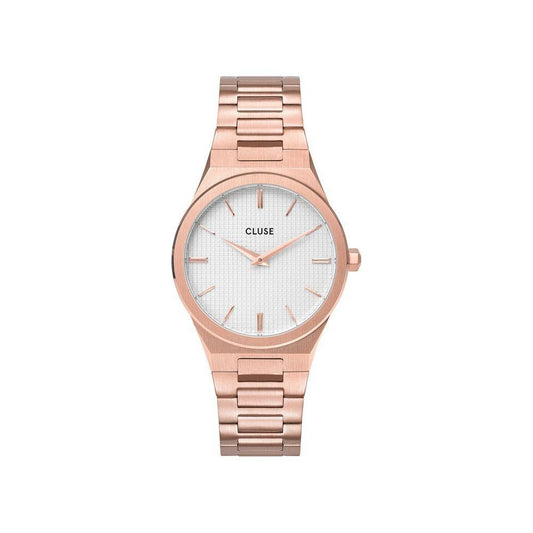 Cluse multicolor pink stainless steel watch, analog quartz, white dial, mineral glass, pressure closure, 33mm diameter, 3 ATM water-resistant.