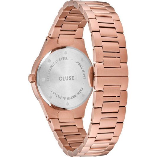 Cluse pink stainless steel watch with quartz mechanism and 3 ATM water resistance, featuring a 33mm case and a white analog dial.