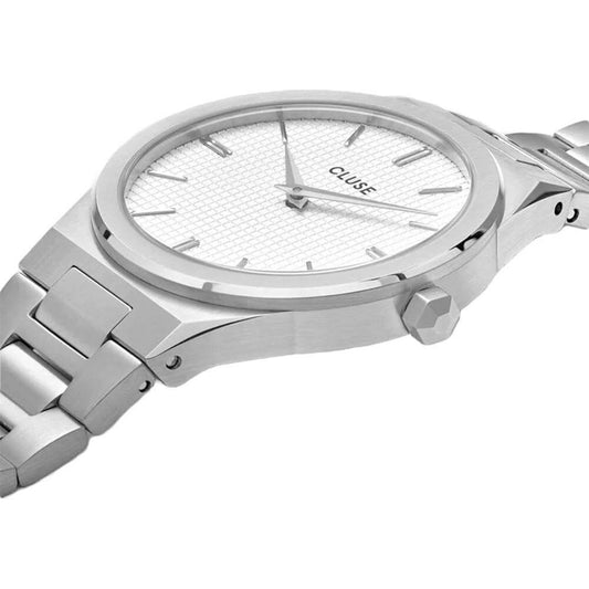 Cluse silver stainless steel watch with white dial and quartz analog display, 33mm diameter, water-resistant to 3 ATM.