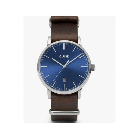 Cluse brown leather watch with blue analog dial, silver stainless steel case, quartz mechanism, mineral glass, and 3 ATM water resistance.