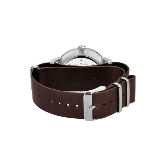 Back view of Cluse brown leather watch with stainless steel case and buckle closure.