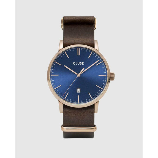 Cluse analog quartz watch with brown leather strap, blue dial, pink stainless steel case, and buckle closure, 40mm diameter.