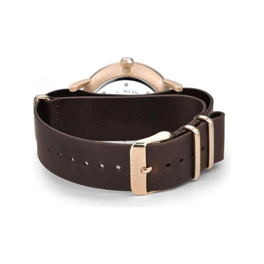 Cluse watch with brown leather bracelet, pink stainless steel case, and buckle closure. Quartz movement, analog display. Back view.