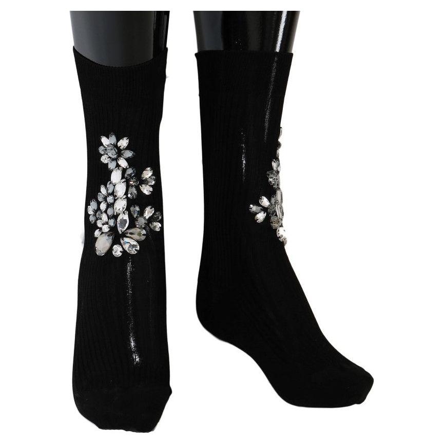 Dolce & Gabbana Black Knitted Floral Clear Crystal Socks SCS50-2
