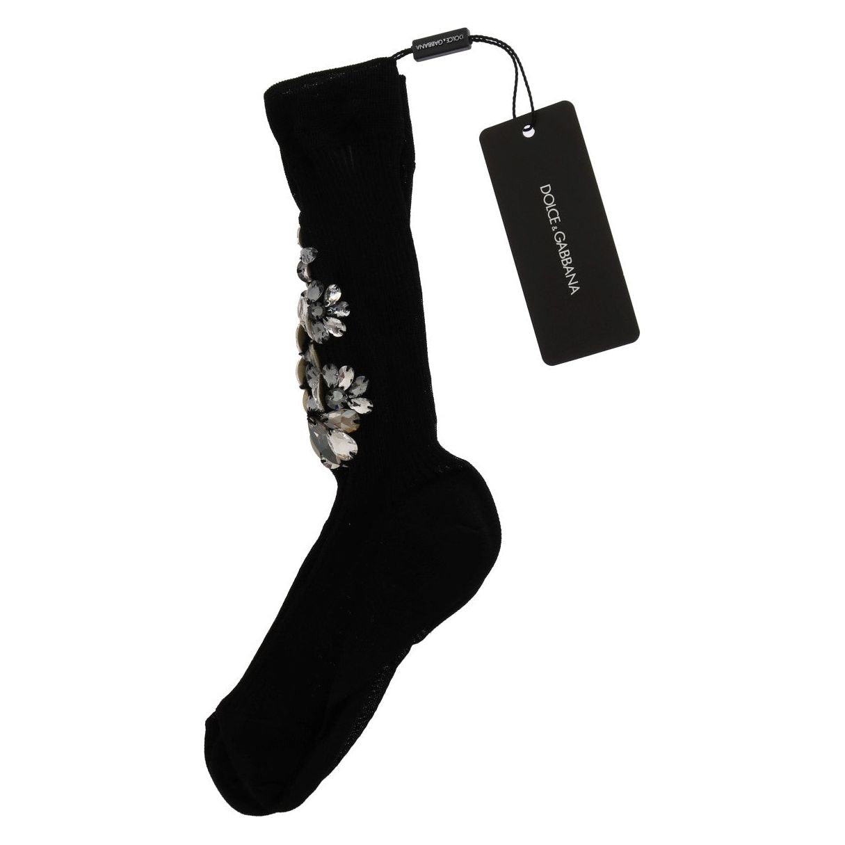 Dolce & Gabbana Black Knitted Floral Clear Crystal Socks SCS50-2