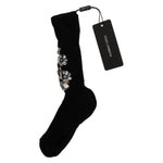 Dolce & Gabbana Black Knitted Floral Clear Crystal Socks SCS50-2