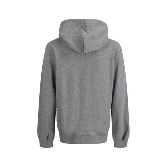 Back view of grey Dolce & Gabbana cotton hoodie with adjustable drawstring hood, ribbed cuffs, and iconic D&G monogram plaque.