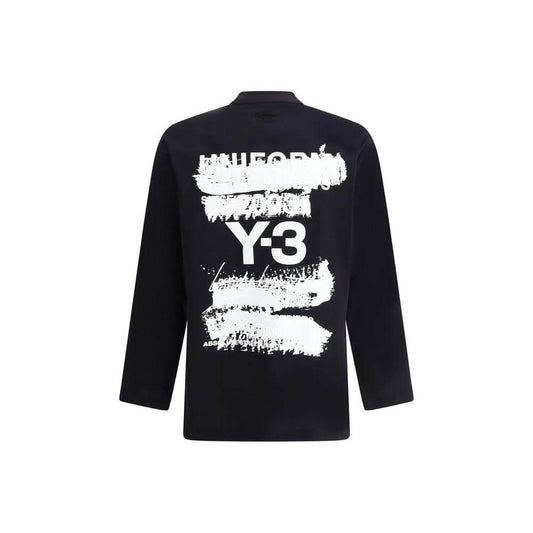 Y-3 long sleeve black jersey with contrasting white maxi print and monogram on back; minimalist modern style for a bold casual look.