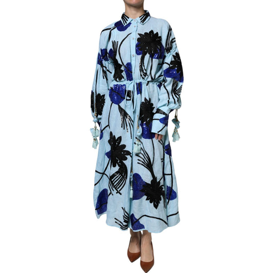 Christian Pellizzari Light Blue Floral Embellished Shirt Maxi Dress