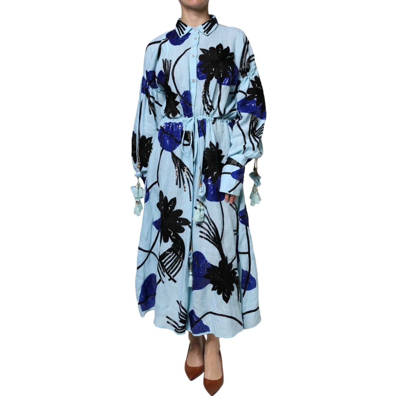 Christian Pellizzari Light Blue Floral Embellished Shirt Maxi Dress