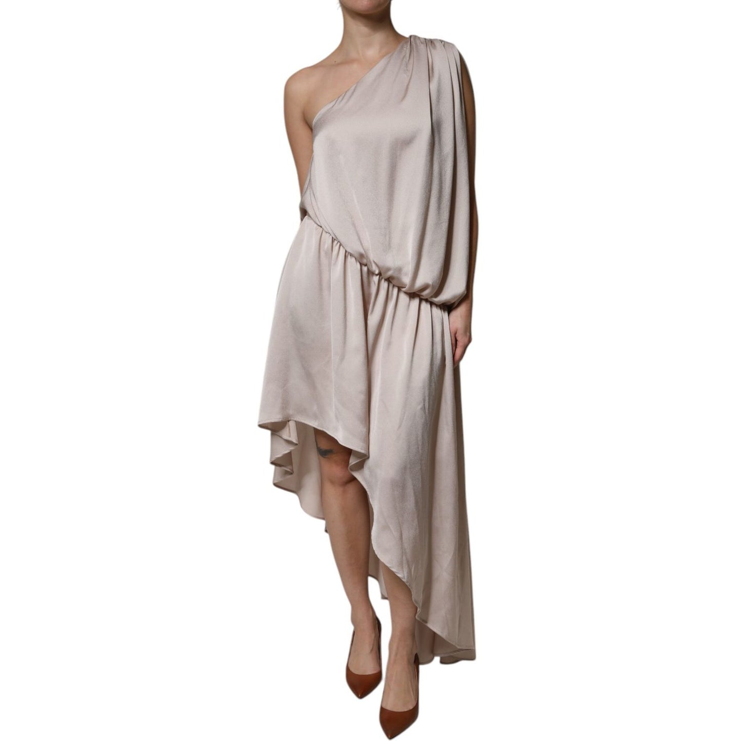 Christian Pellizzari Beige One Shoulder Asymmetric Drape Dress