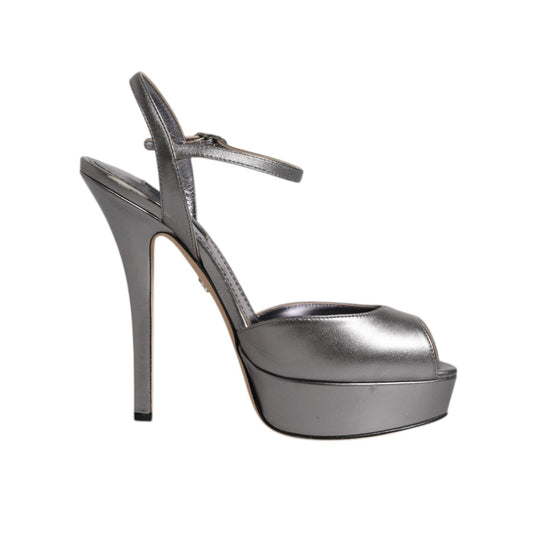 Dolce & Gabbana Silver Leather Platform Heels Sandals Shoes