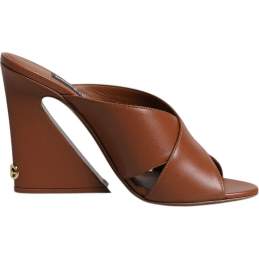 Dolce & Gabbana Dolce & Gabbana Brown Logo KEIRA Leather Slides Sandals Shoes LA12207-37.5