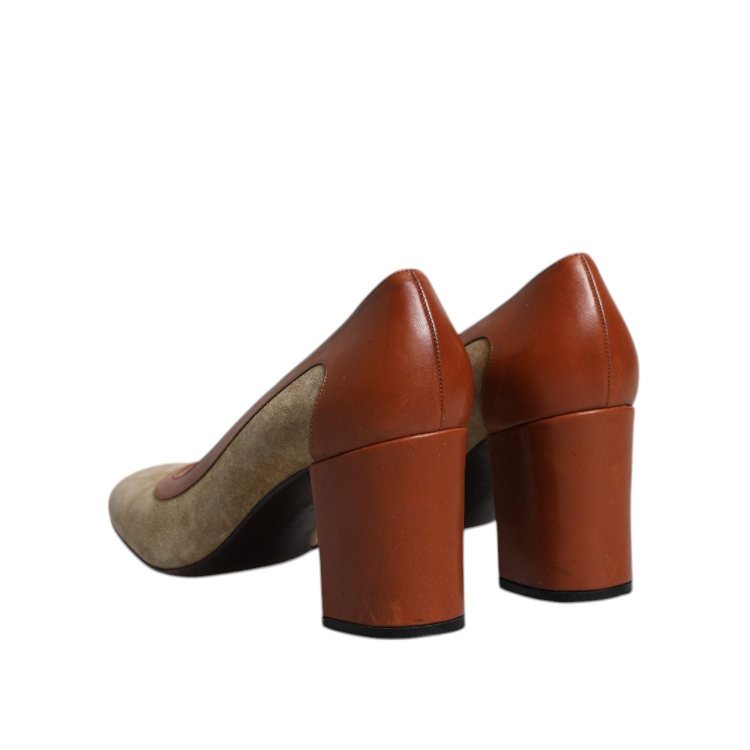 Dolce & Gabbana Beige Brown Leather Block Heels Pumps Shoes