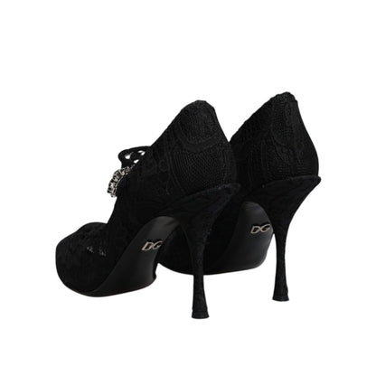 Dolce & Gabbana Black Lace Crystals Mary Jane Pumps Shoes