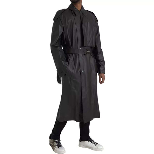 Bottega Veneta black leather waterproof trench coat jacket for men, 100% calf leather, made in Italy, full button closure, logo details