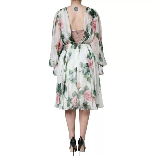 Dolce & Gabbana White Silk Floral Print A-line Midi Dress DR281288-38