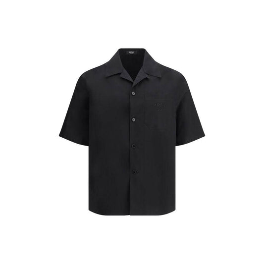 Versace Medusa pattern shirt, black cotton short-sleeved, classic collar, summer fashion, iconic style and luxury, front patch pocket.
