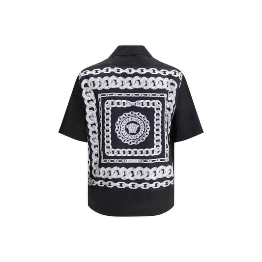 Versace shirt with Medusa pattern and chain design, short-sleeved cotton, classic collar, luxury summer wear, front view back details.