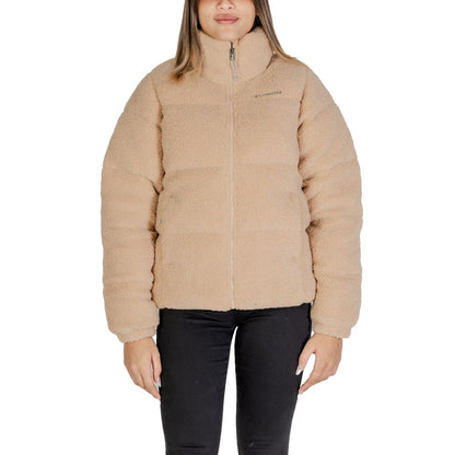 Columbia Beige Nylon Coat with soft Sherpa lining, featuring front zip closure for warmth and style.