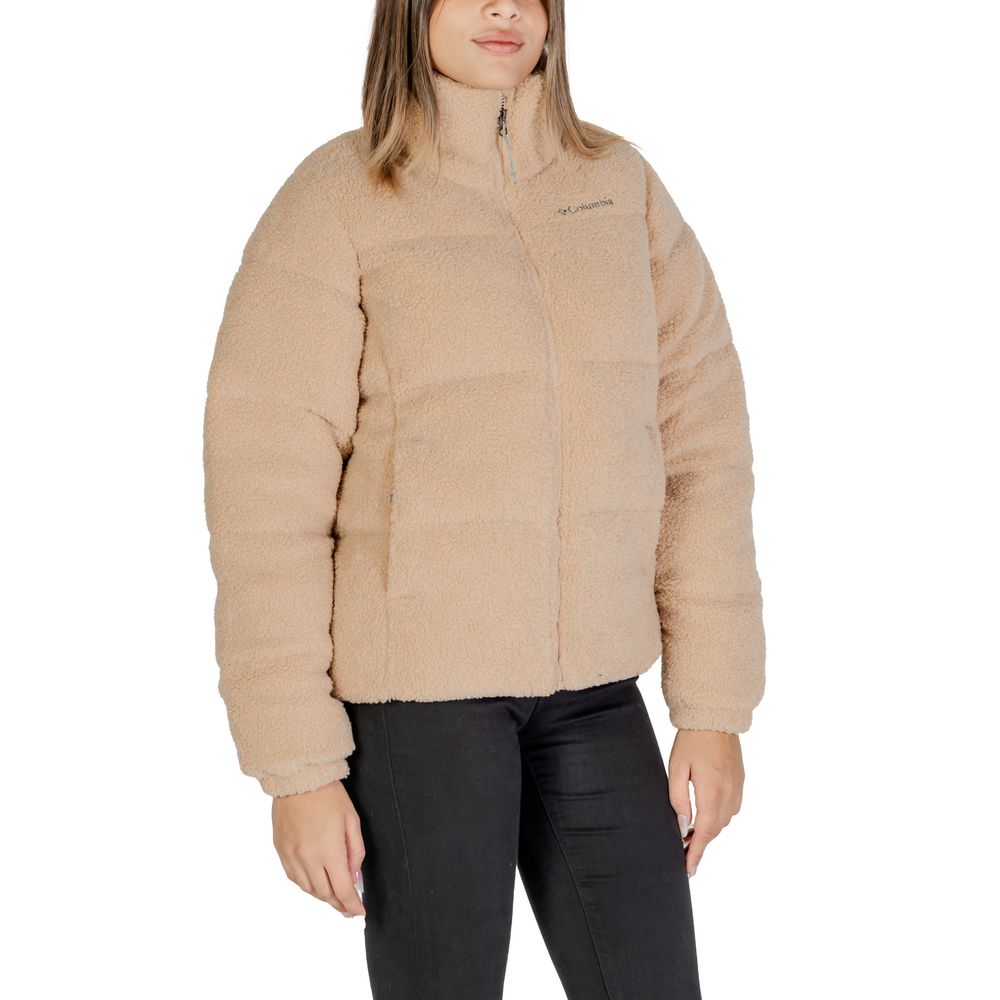 Columbia Beige Nylon Coat with Sherpa lining, perfect for warmth and style, featuring a front zip closure. Ideal for urban and outdoor wear.