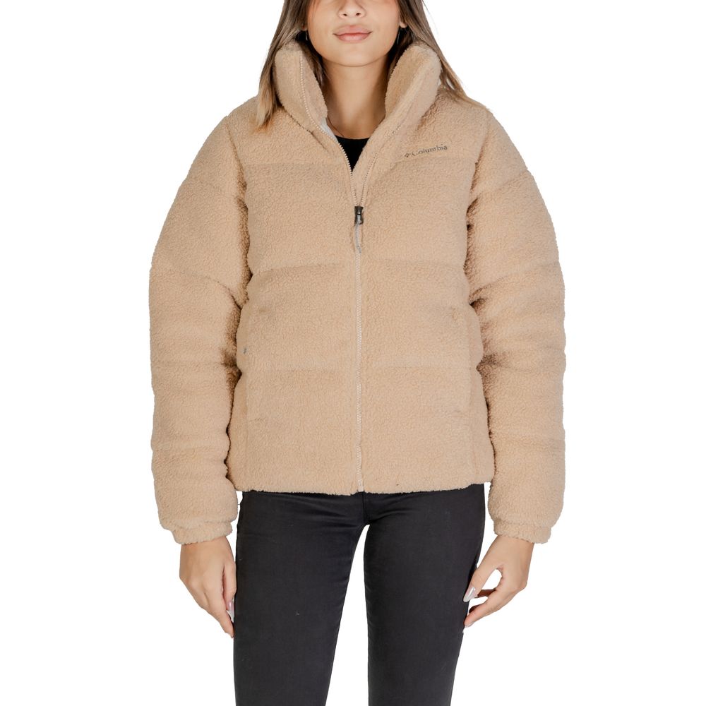 Columbia Beige Nylon Coat featuring soft Sherpa lining and front zip, ideal for cold weather with stylish and practical design.