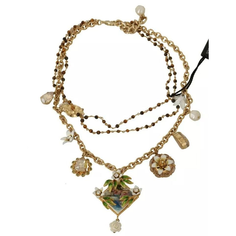 Dolce & Gabbana Gold Brass Crystal Floral Statement Charms Necklace
