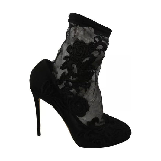 Dolce & Gabbana Dolce & Gabbana Black Tulle Stretch Floral Booties Shoes LA6202-40