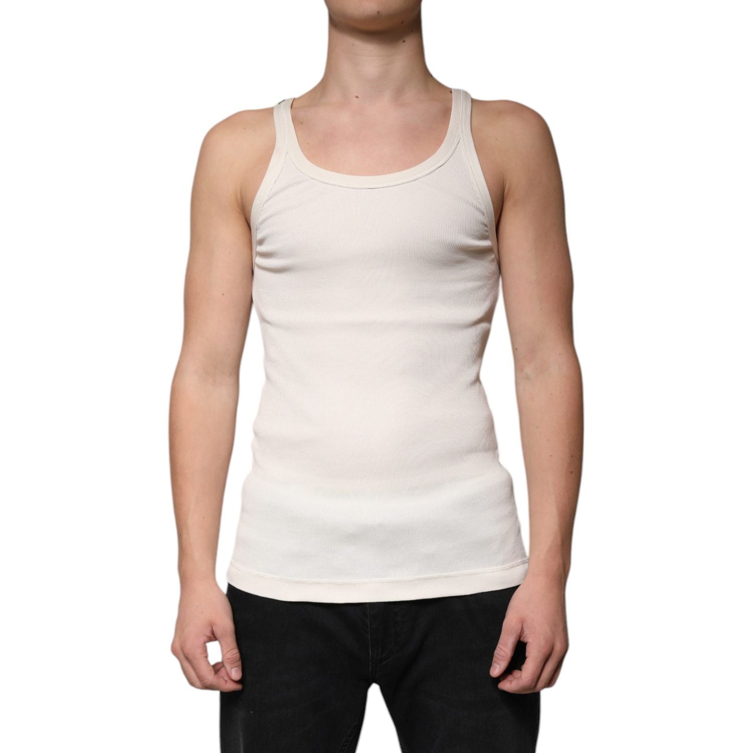 Dolce & Gabbana Off White Cotton Sleeveless Round Neck Tank T-shirt