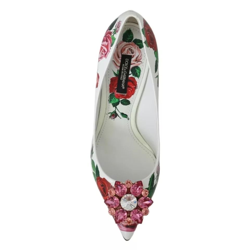 Dolce & Gabbana White Leather Roses Crystal Pumps Shoes