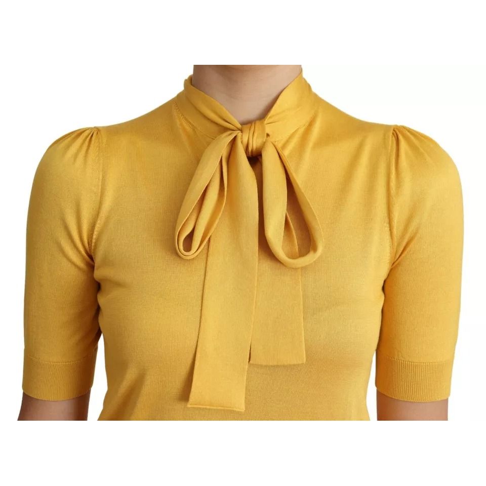 Dolce & Gabbana Yellow Silk Knit Pullover Ascot Collar Top